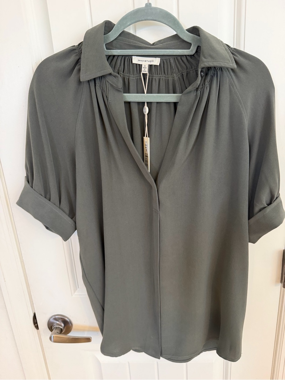 Max Studio Olive Green Roll-Tab Blouse